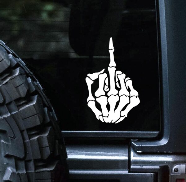 skeleton middle finger vinyl die cut decal on car window