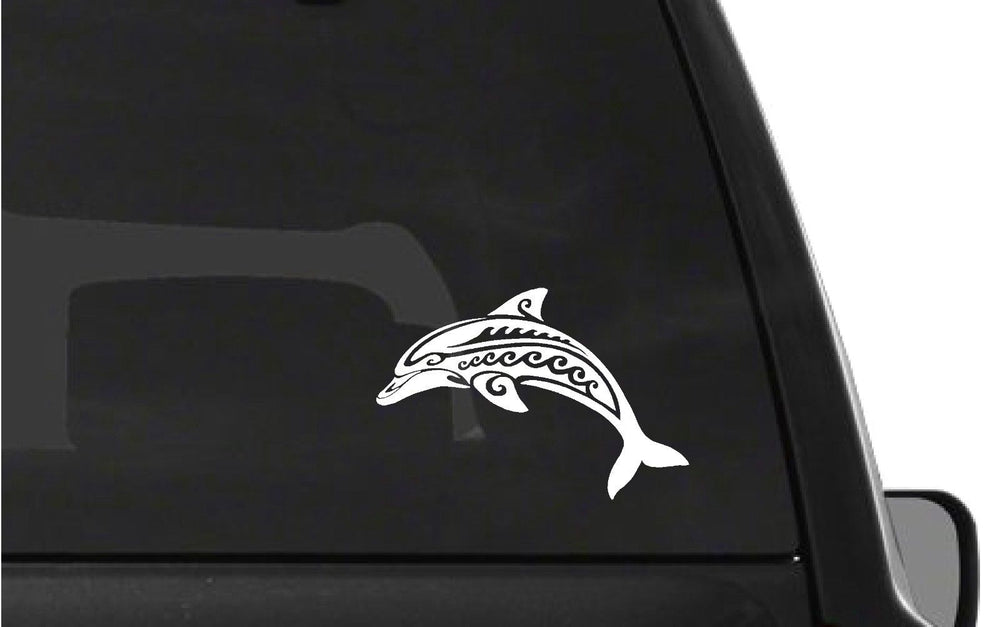 tribal-dolphin-vinyl-decal size options for cars trucks laptops