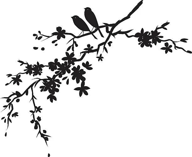 Two little birds sitting on Cherry blossoms branch black silhouette Die Cut Vinyl Decal